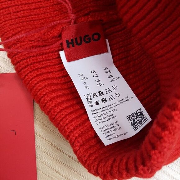 HUGO BOSS Mens Beanie Hat Red Cuffed Stretch Ribbed Knit 100% Wool - Picture 2 of 5